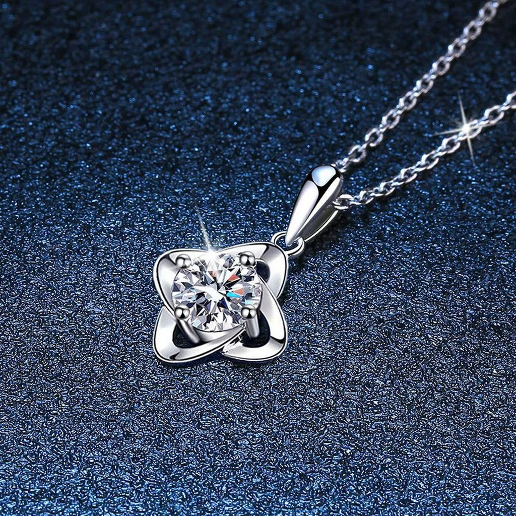 round moissanite solitaire pendant necklace in platinum-plated S925 sterling silver close-up detail view