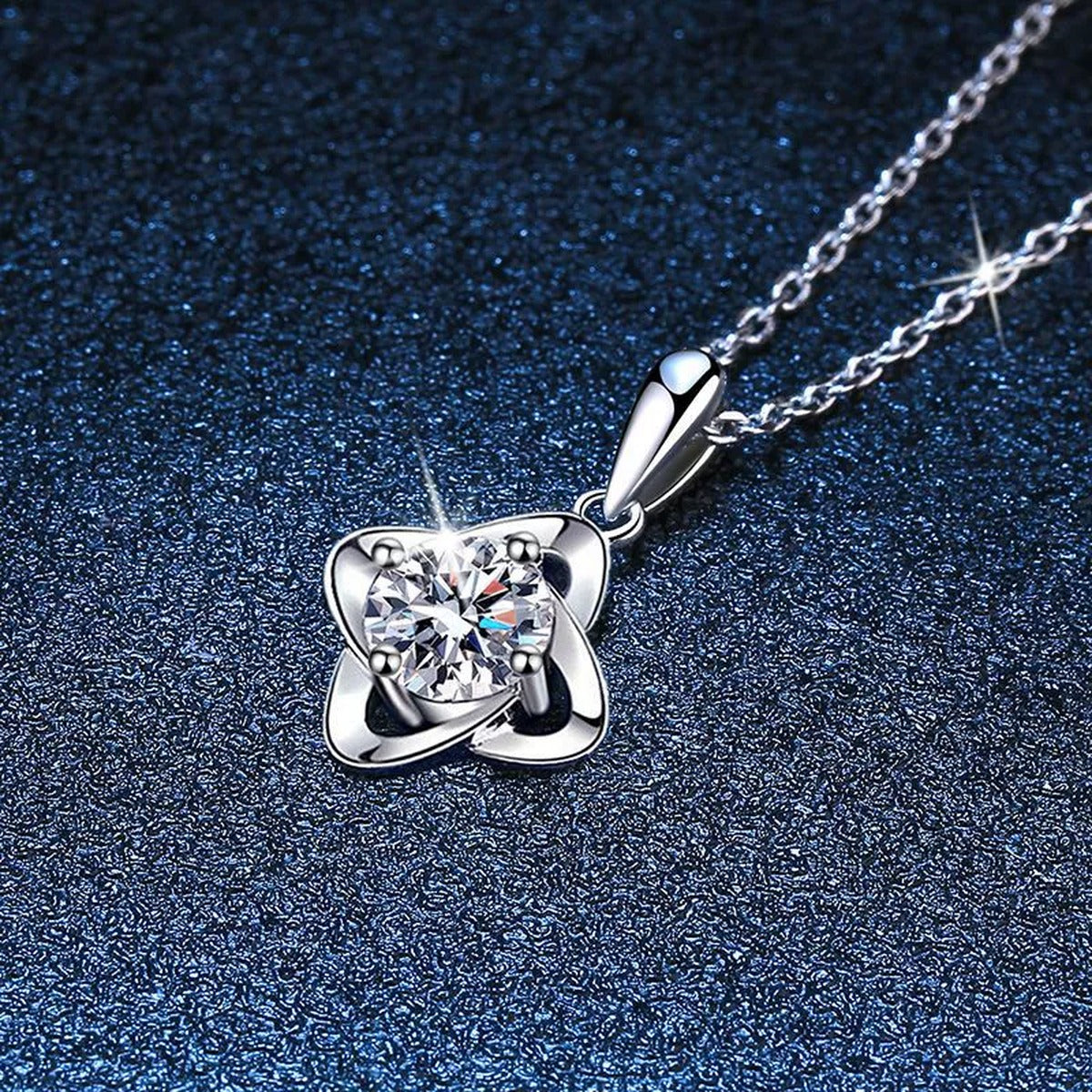 round moissanite solitaire pendant necklace in platinum-plated S925 sterling silver close-up detail view
