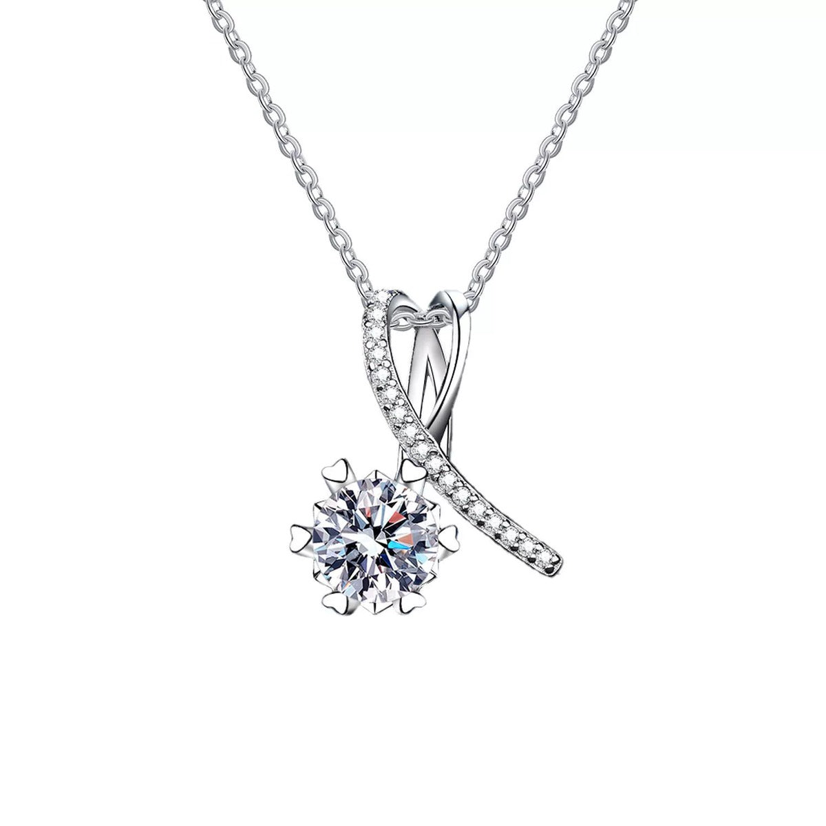 ribbon round moissanite pendant necklace with CZ accents in platinum-plated S925 sterling silver front view on white background