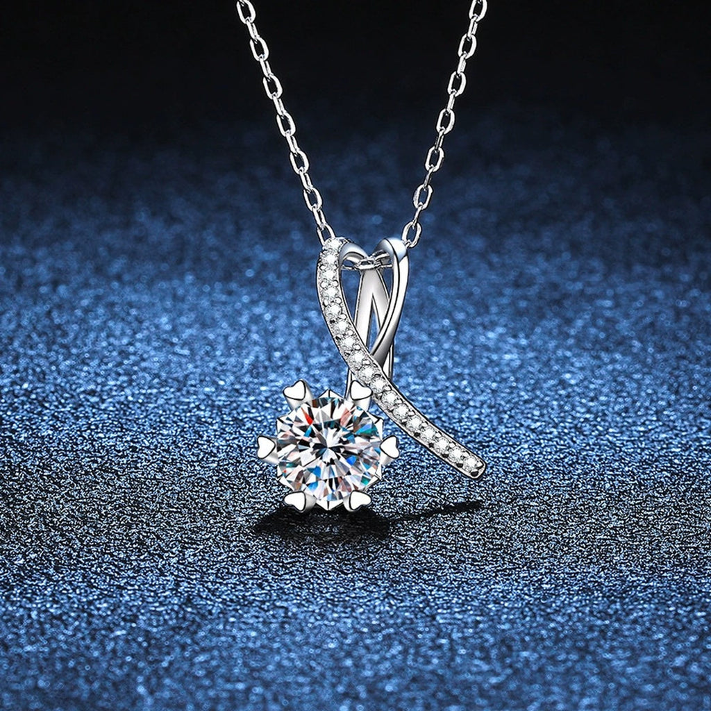 ribbon round moissanite pendant necklace with CZ accents in platinum-plated S925 sterling silver lifestyle product view