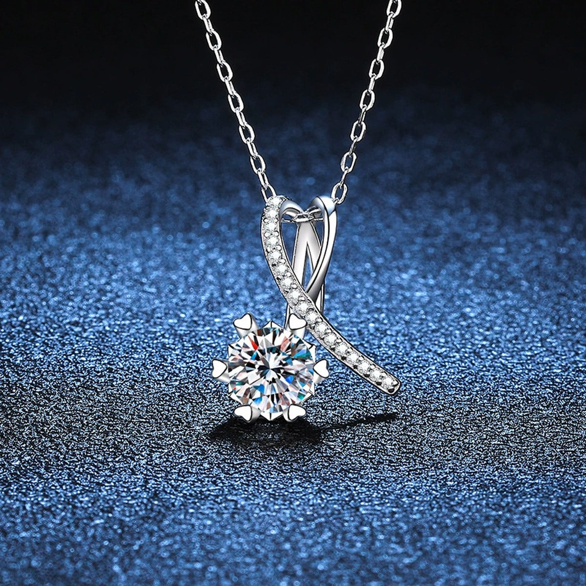 ribbon round moissanite pendant necklace with CZ accents in platinum-plated S925 sterling silver lifestyle product view