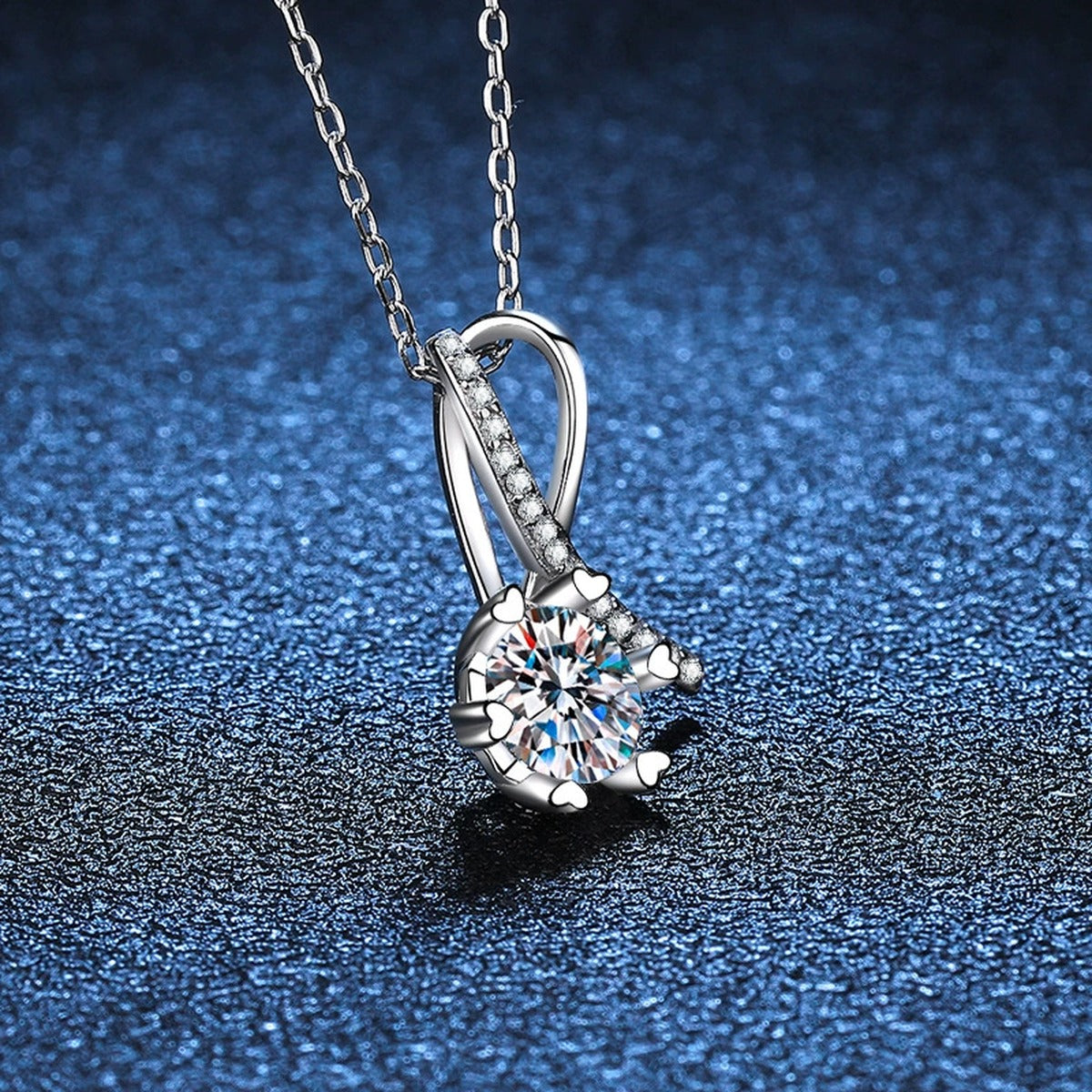ribbon round moissanite pendant necklace with CZ accents in platinum-plated S925 sterling silver product detail view