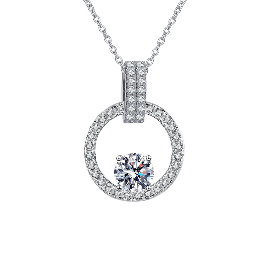 circle halo moissanite pendant necklace with CZ accents in platinum-plated S925 sterling silver front view on white background