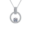 circle halo moissanite pendant necklace with CZ accents in platinum-plated S925 sterling silver front view on white background