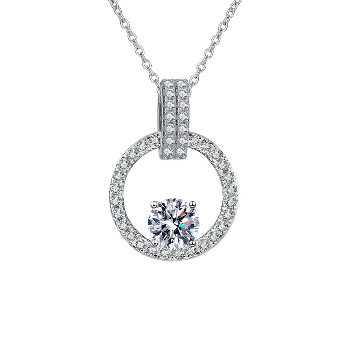 circle halo moissanite pendant necklace with CZ accents in platinum-plated S925 sterling silver front view on white background