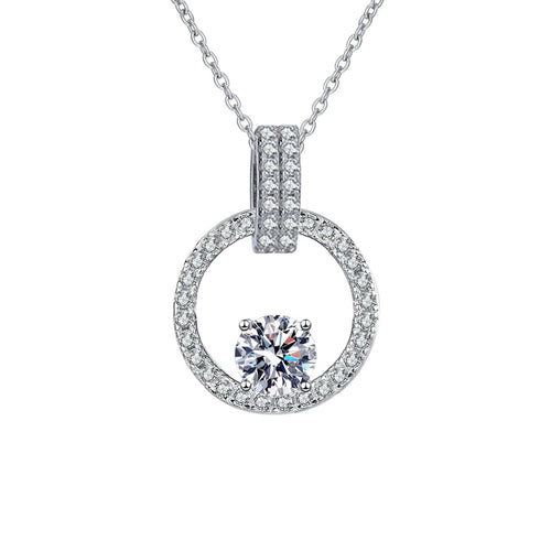 circle halo moissanite pendant necklace with CZ accents in platinum-plated S925 sterling silver front view on white background