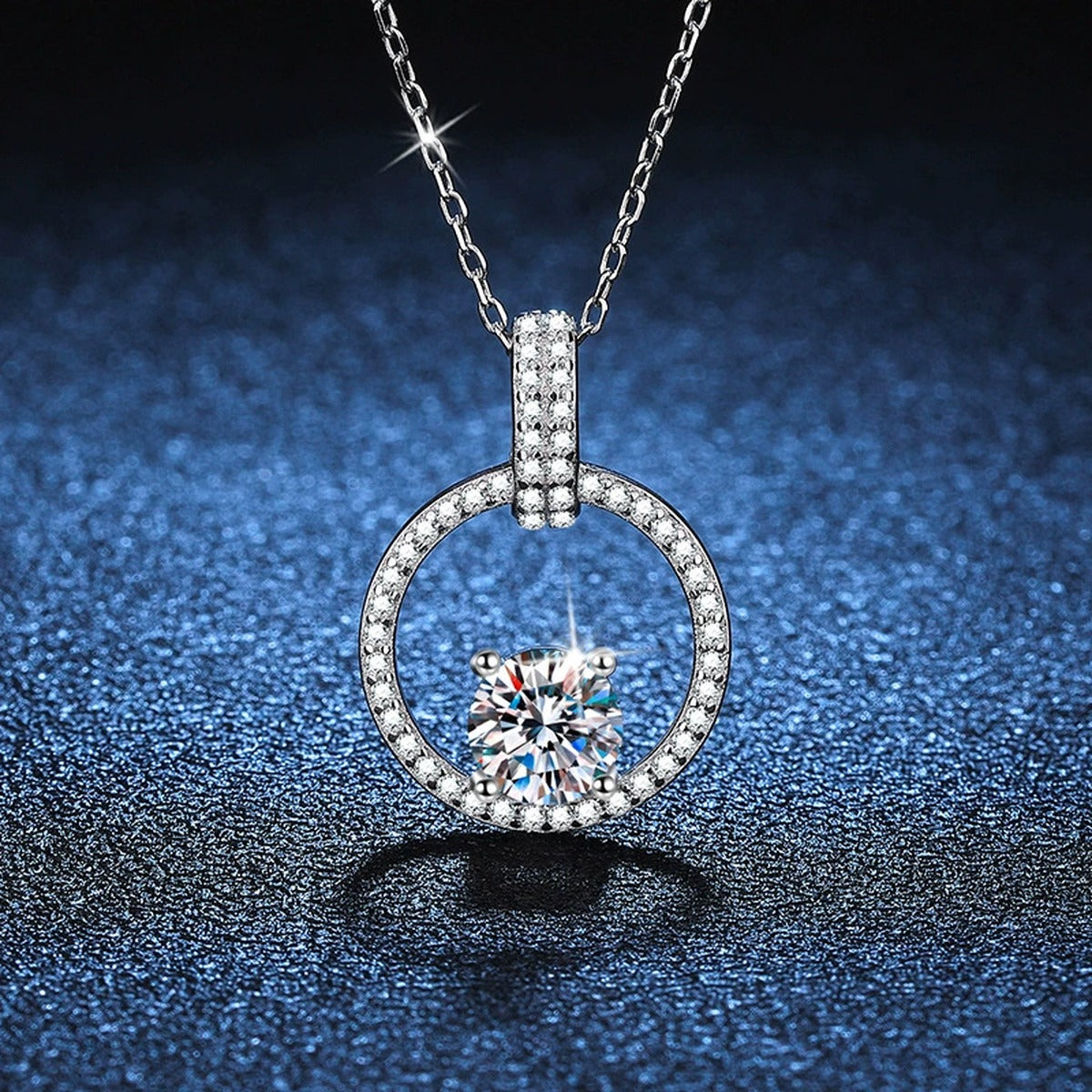 circle halo moissanite pendant necklace with CZ accents in platinum-plated S925 sterling silver product detail view