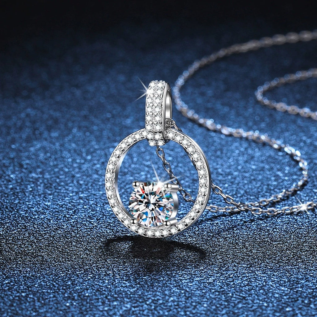 circle halo moissanite pendant necklace with CZ accents in platinum-plated S925 sterling silver lifestyle product view