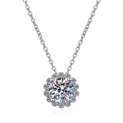 floral halo moissanite pendant necklace with CZ accents in platinum-plated S925 sterling silver front view on white background