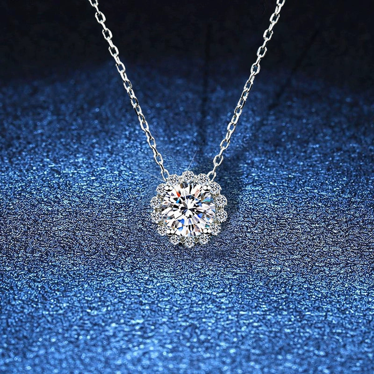 floral halo moissanite pendant necklace with CZ accents in platinum-plated S925 sterling silver product detail view