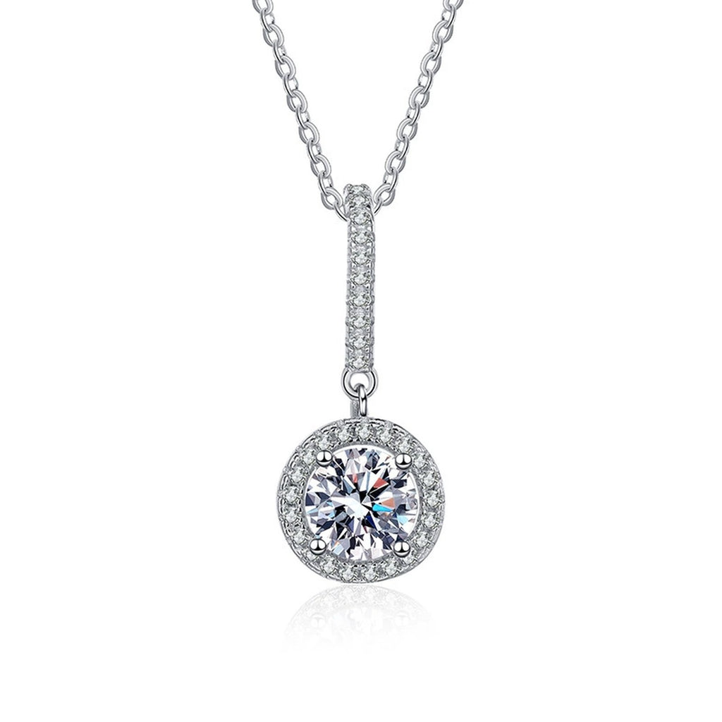 round halo moissanite pendant necklace with CZ accents in platinum-plated S925 sterling silver front view on white background