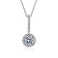 round halo moissanite pendant necklace with CZ accents in platinum-plated S925 sterling silver front view on white background