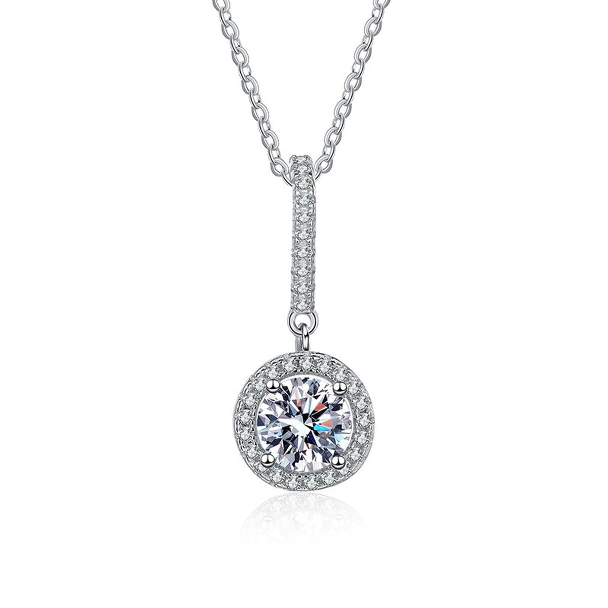 round halo moissanite pendant necklace with CZ accents in platinum-plated S925 sterling silver front view on white background