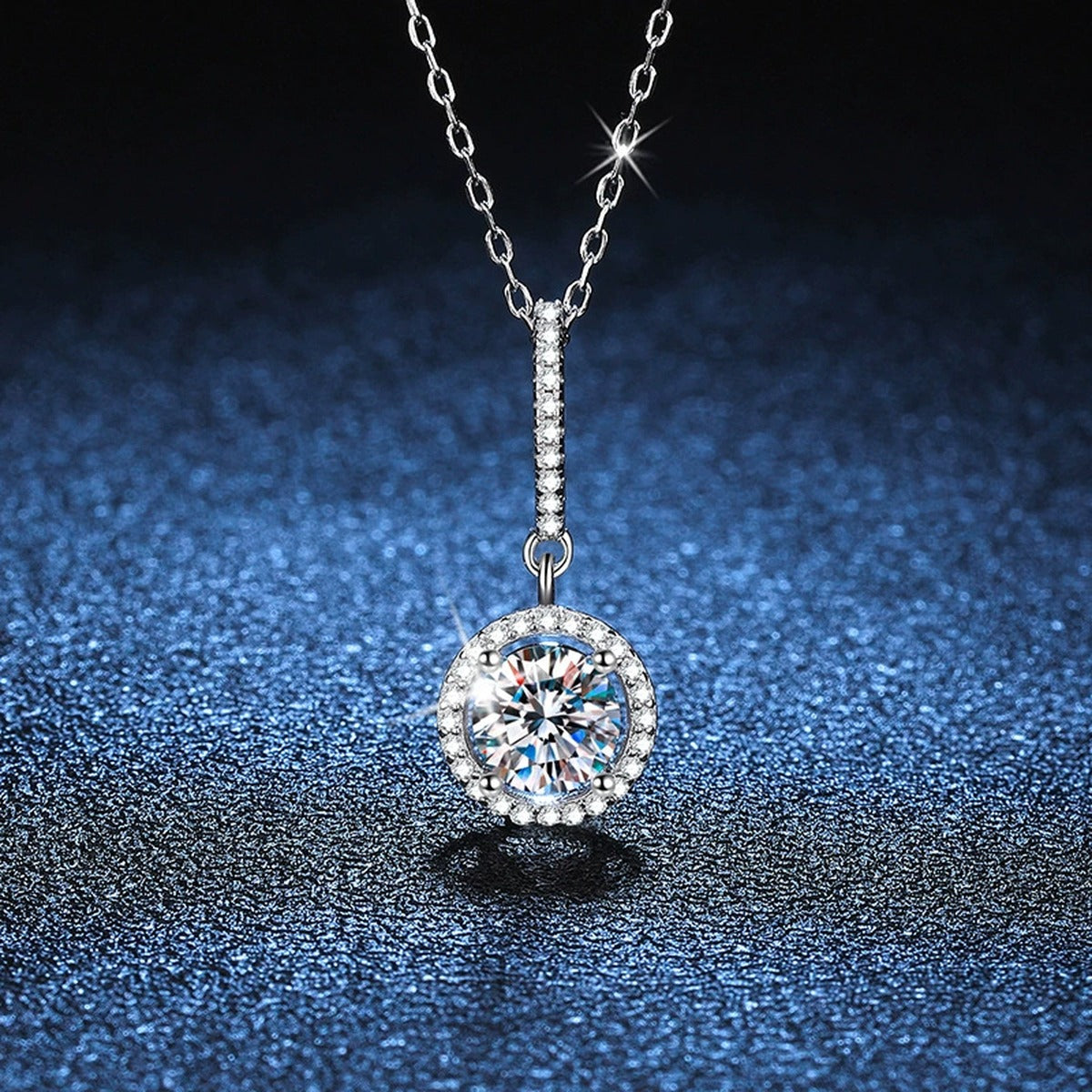 round halo moissanite pendant necklace with CZ accents in platinum-plated S925 sterling silver product detail view