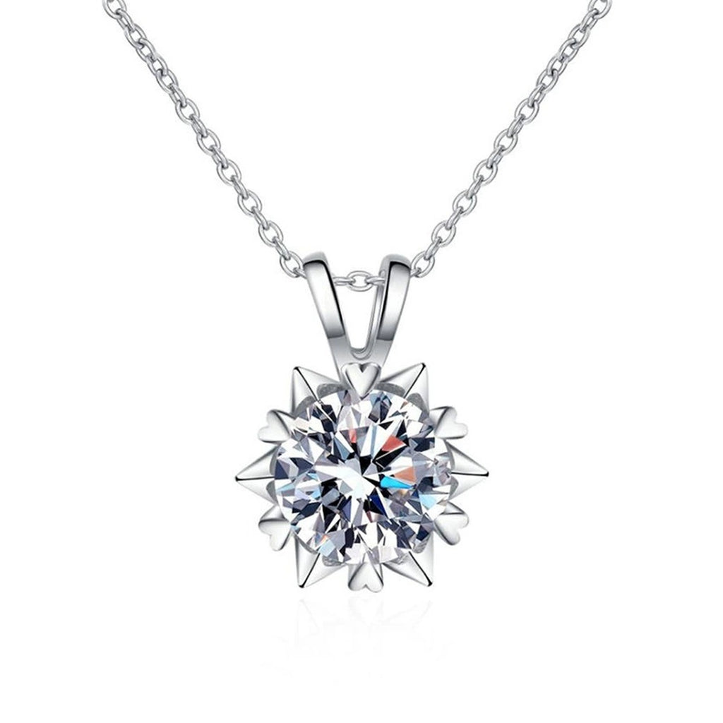 starburst moissanite pendant necklace in platinum-plated S925 sterling silver front view on white background
