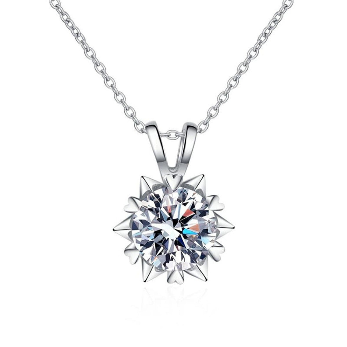 starburst moissanite pendant necklace in platinum-plated S925 sterling silver front view on white background