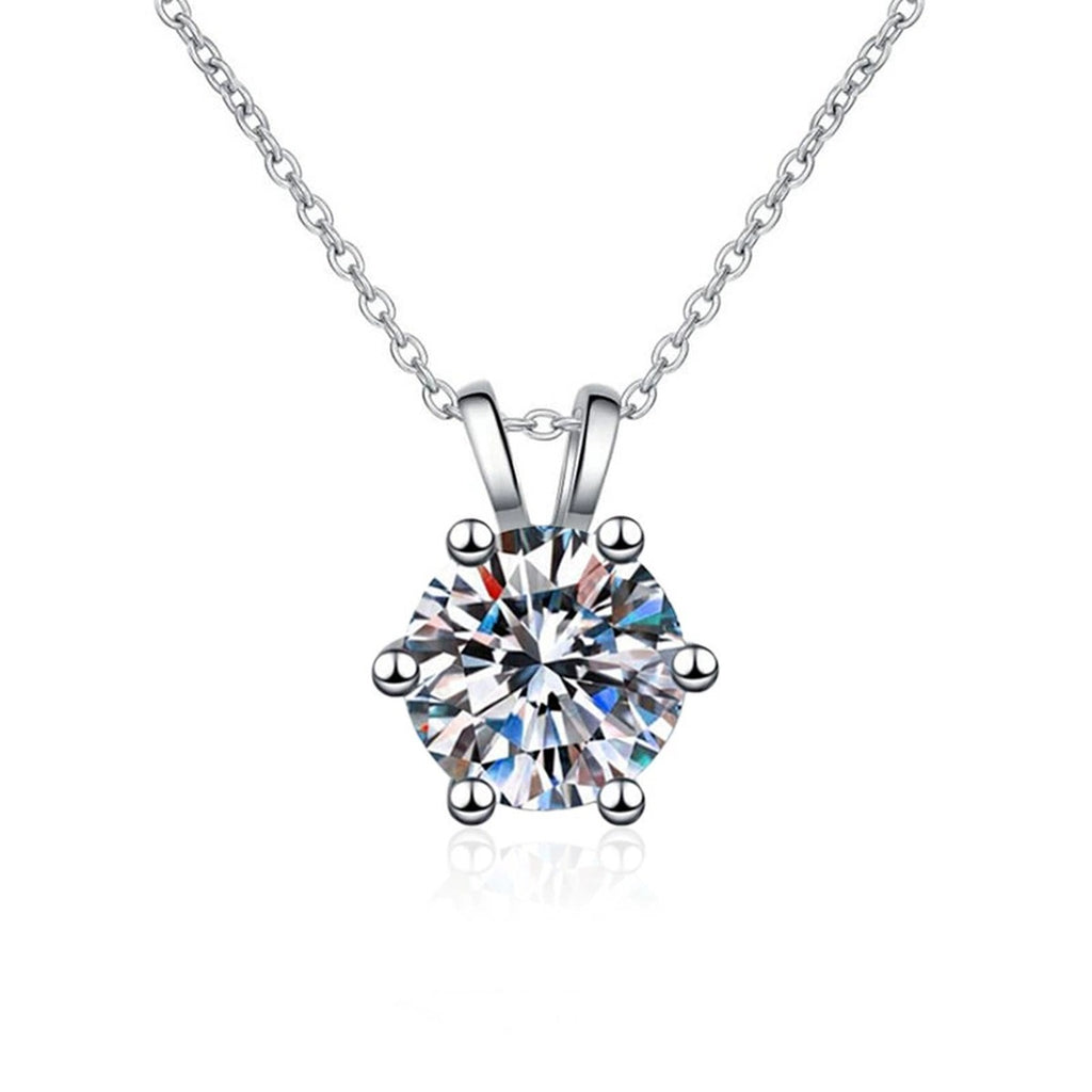 six-prong round moissanite pendant necklace in platinum-plated S925 sterling silver front view on white background