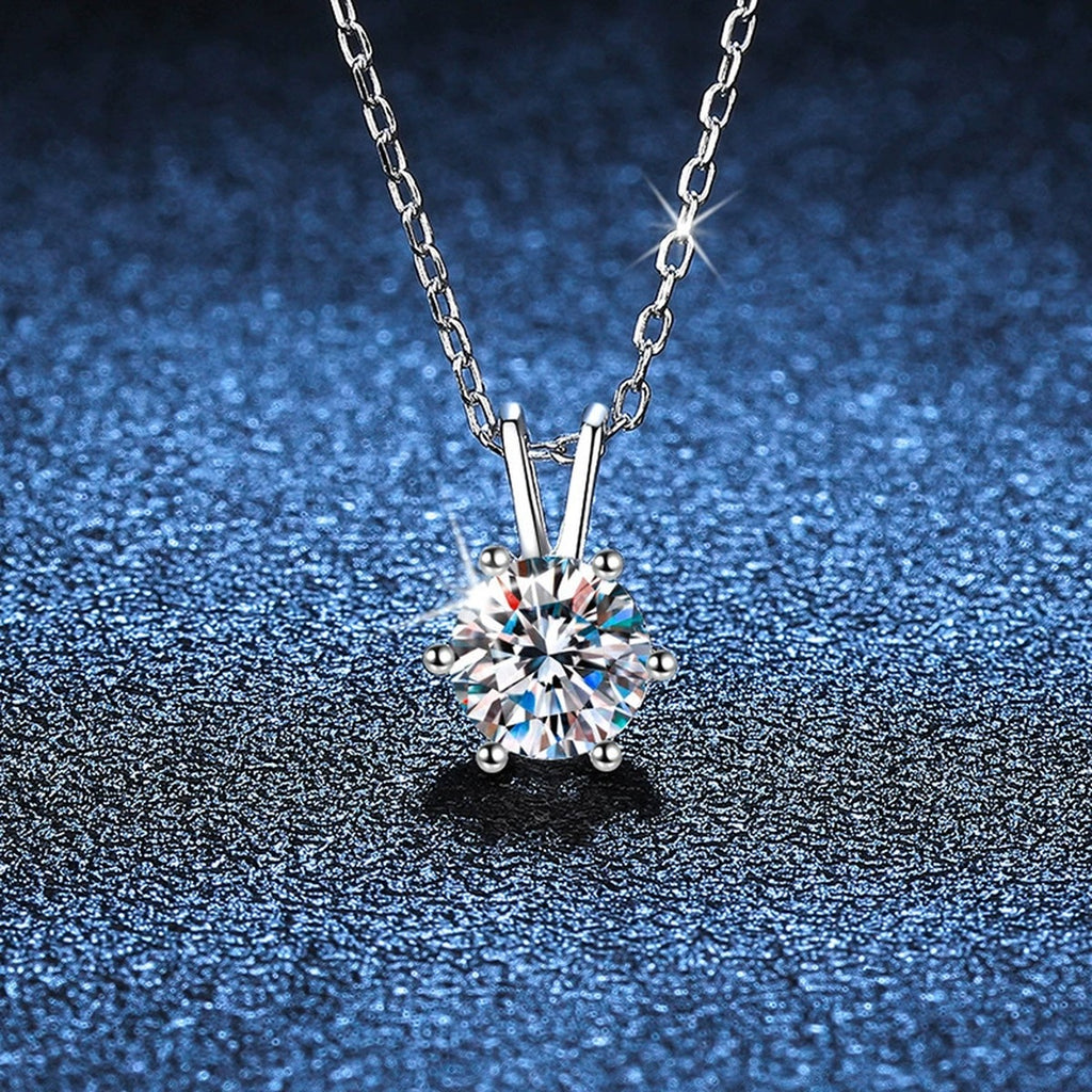 six-prong round moissanite pendant necklace in platinum-plated S925 sterling silver product detail view