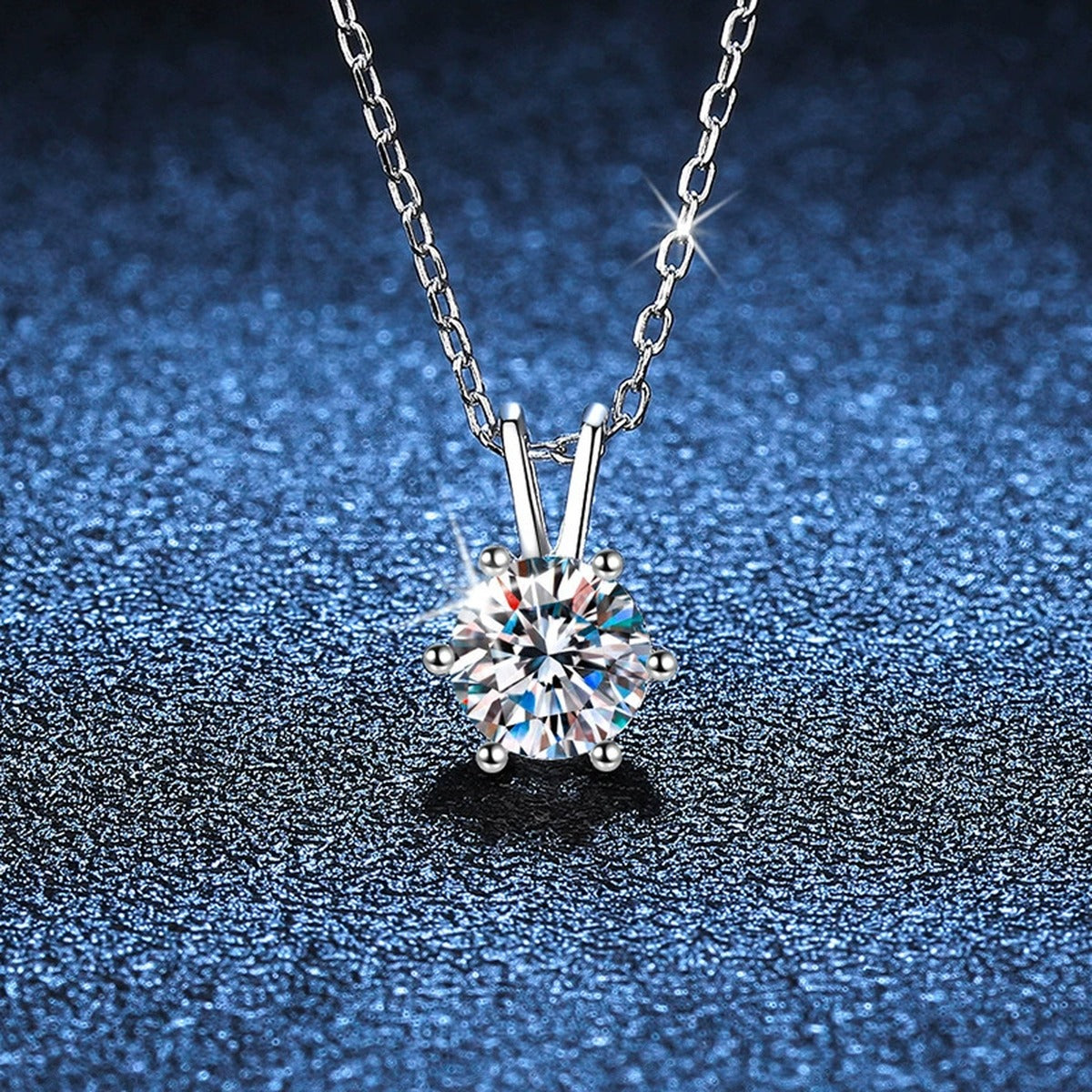 six-prong round moissanite pendant necklace in platinum-plated S925 sterling silver product detail view