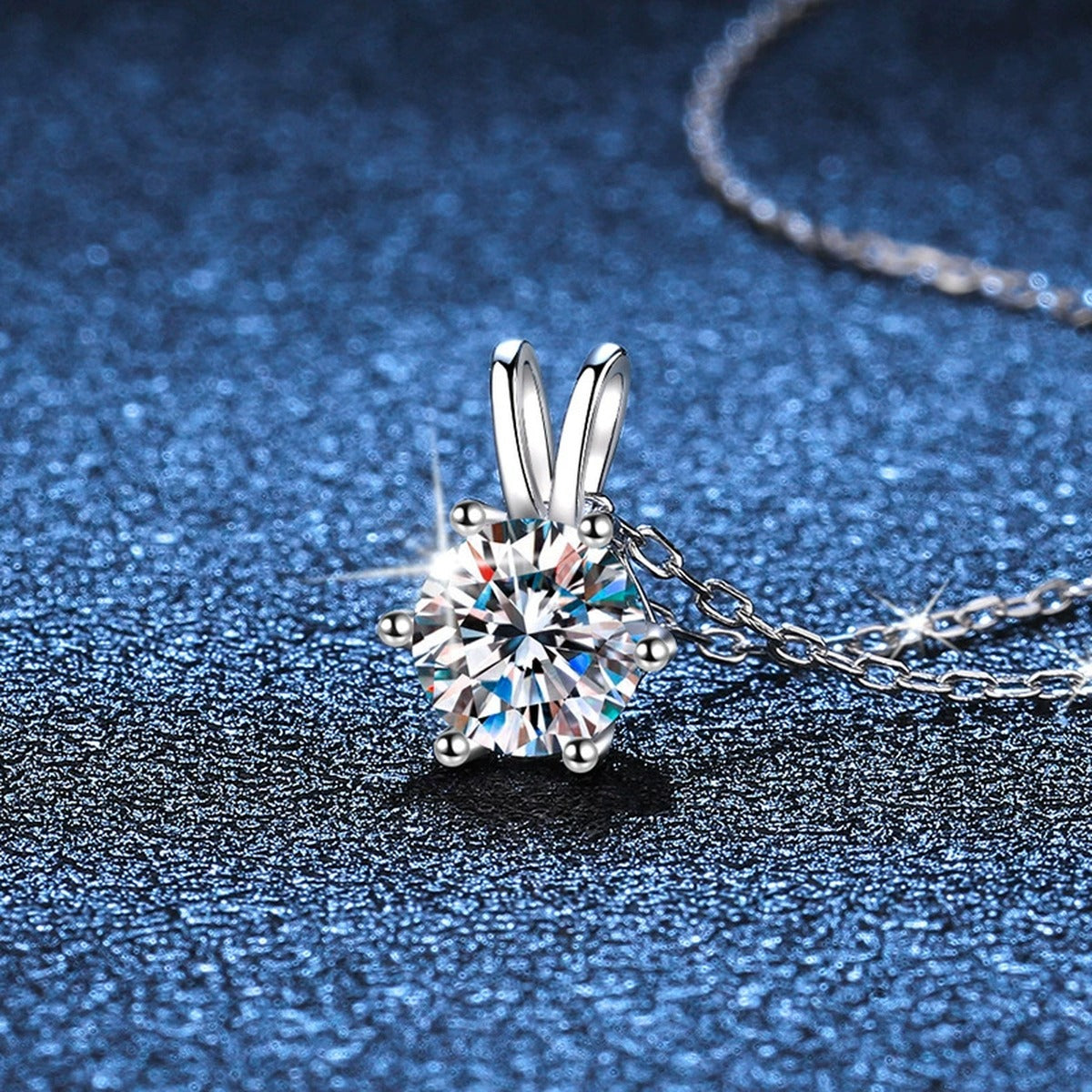 six-prong round moissanite pendant necklace in platinum-plated S925 sterling silver lifestyle product view