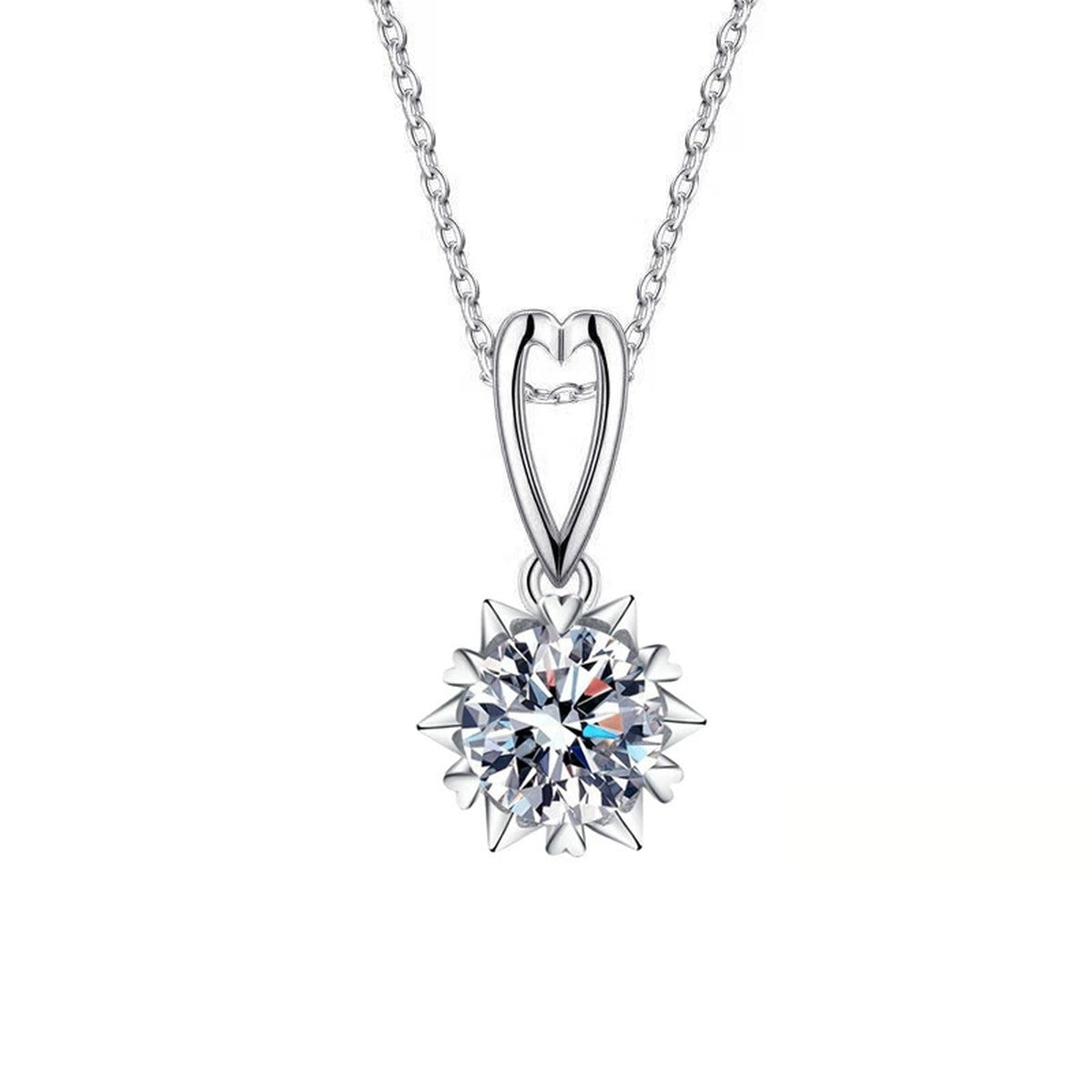 heart bail round moissanite pendant necklace in platinum-plated S925 sterling silver front view on white background