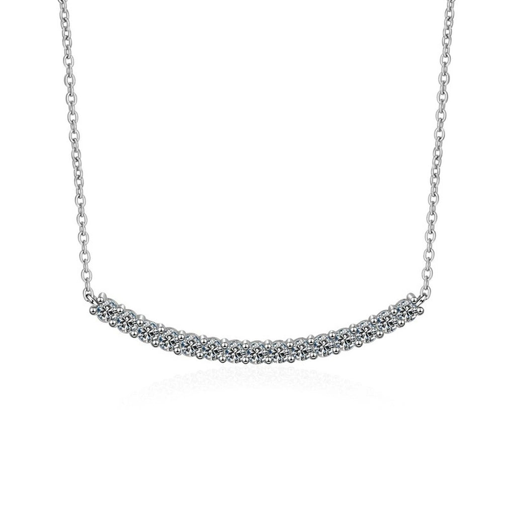 curved moissanite bar necklace in platinum-plated S925 sterling silver front view on white background