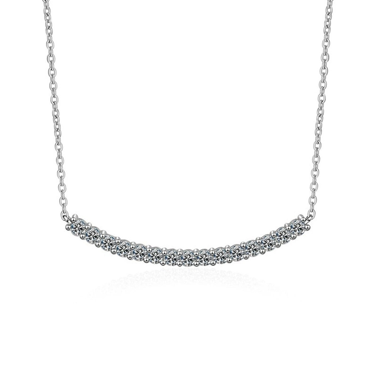 curved moissanite bar necklace in platinum-plated S925 sterling silver front view on white background