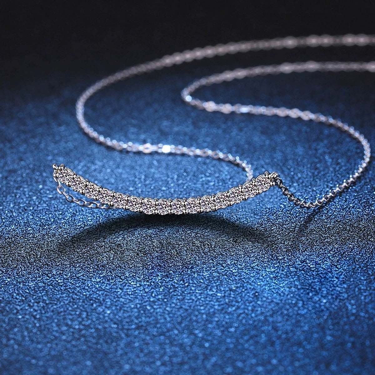 curved moissanite bar necklace in platinum-plated S925 sterling silver lifestyle product view