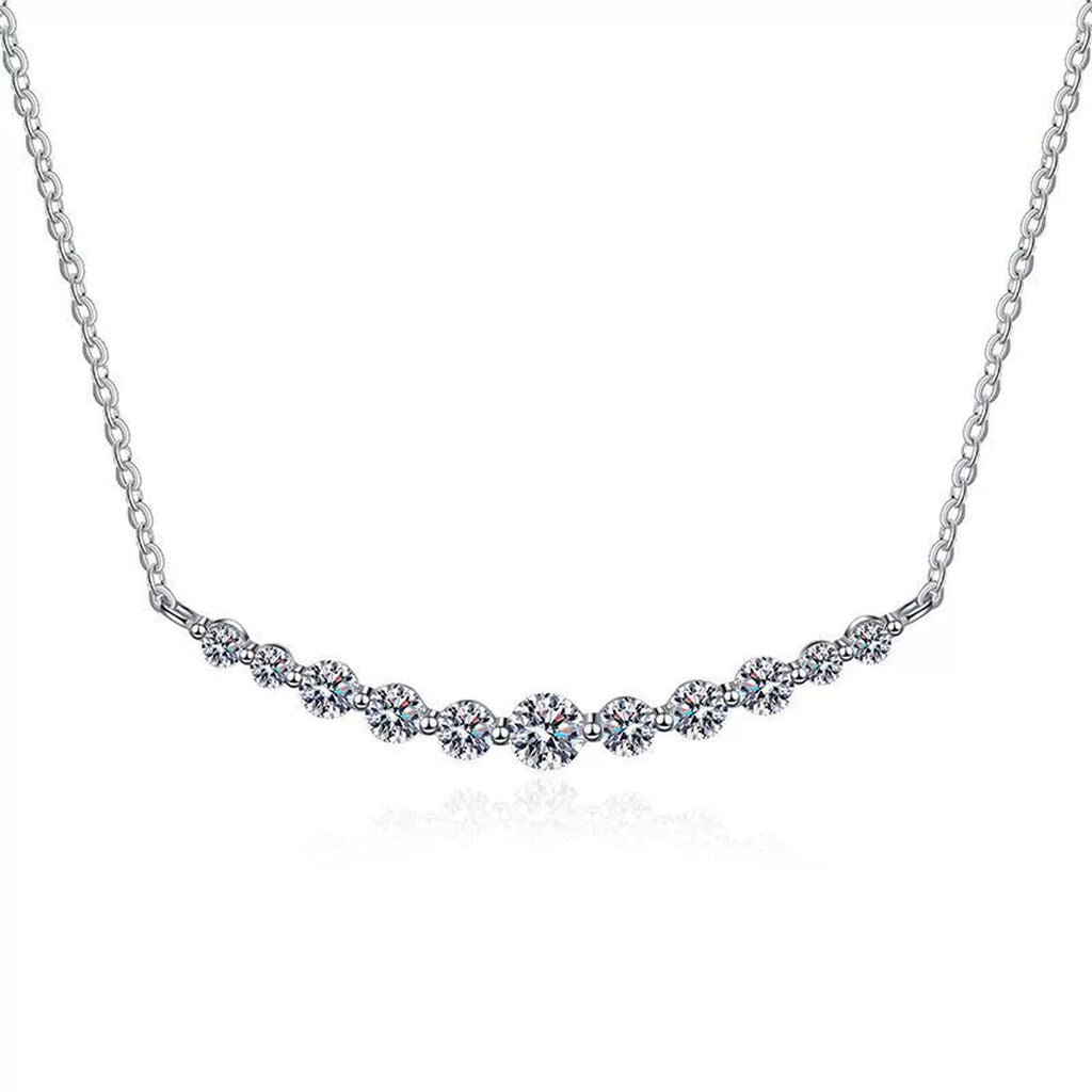 graduated moissanite bar necklace in S925 sterling silver platinum-plated front view on white background