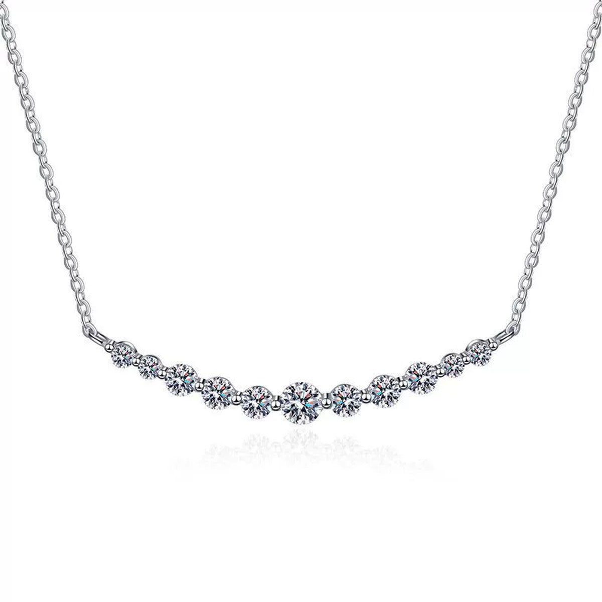 graduated moissanite bar necklace in S925 sterling silver platinum-plated front view on white background