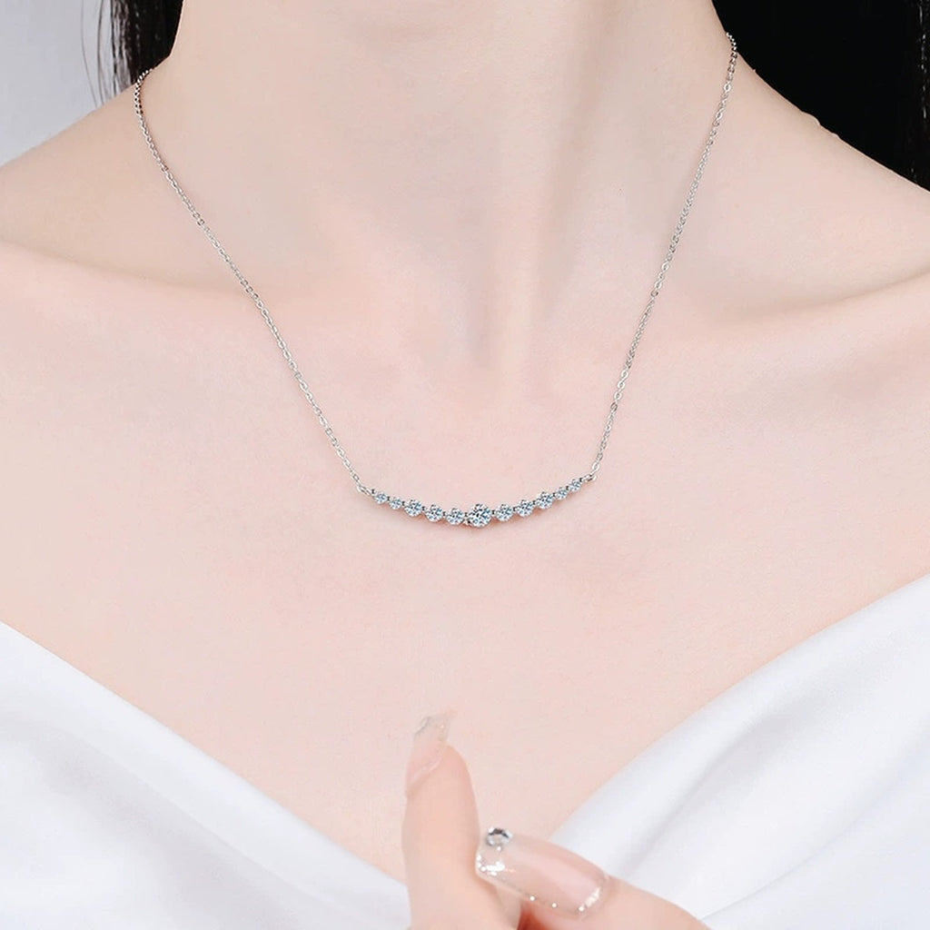 graduated moissanite bar necklace in S925 sterling silver platinum-plated worn by model