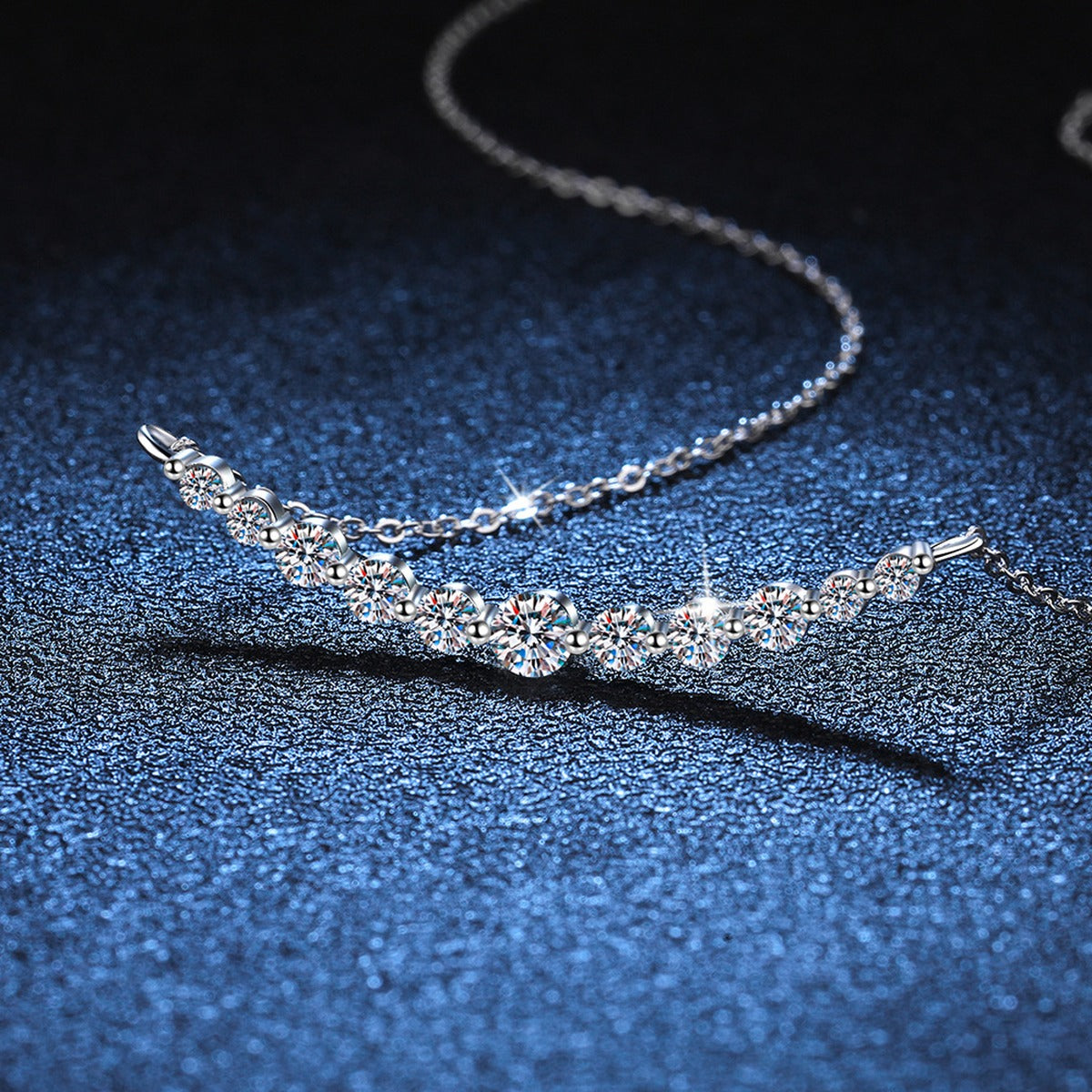 graduated moissanite bar necklace in S925 sterling silver platinum-plated lifestyle product view