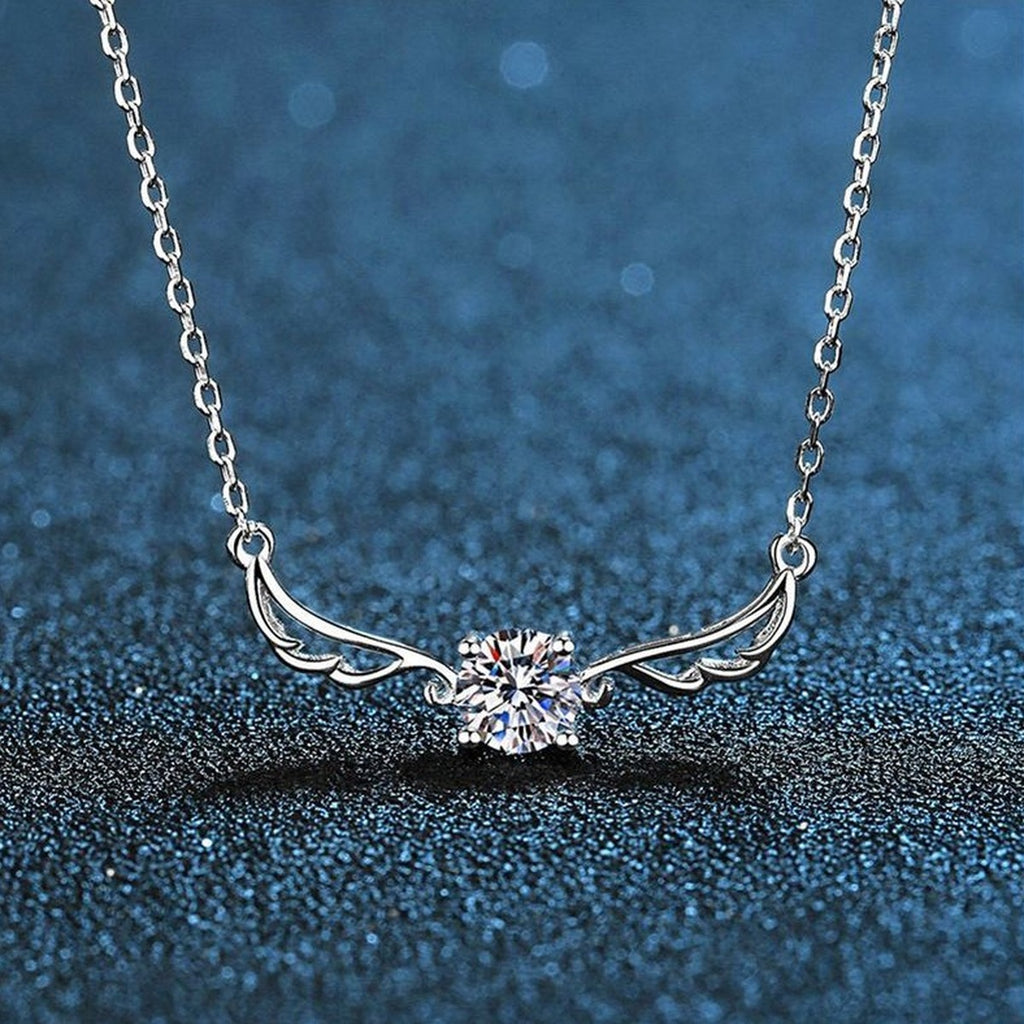wing moissanite station necklace in platinum-plated S925 sterling silver product detail view