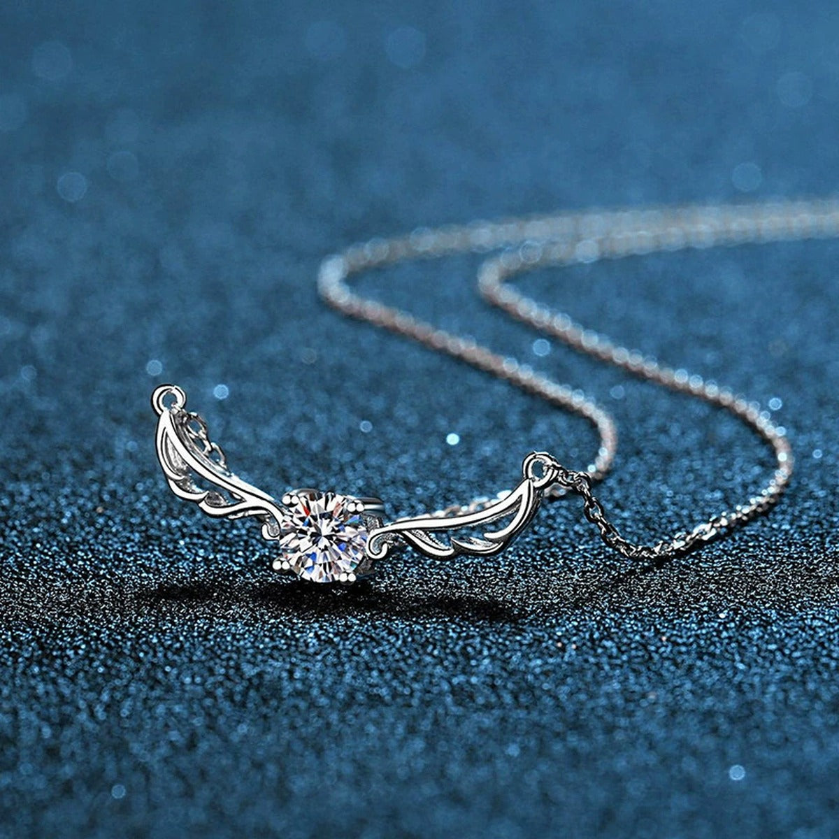 wing moissanite station necklace in platinum-plated S925 sterling silver lifestyle product view