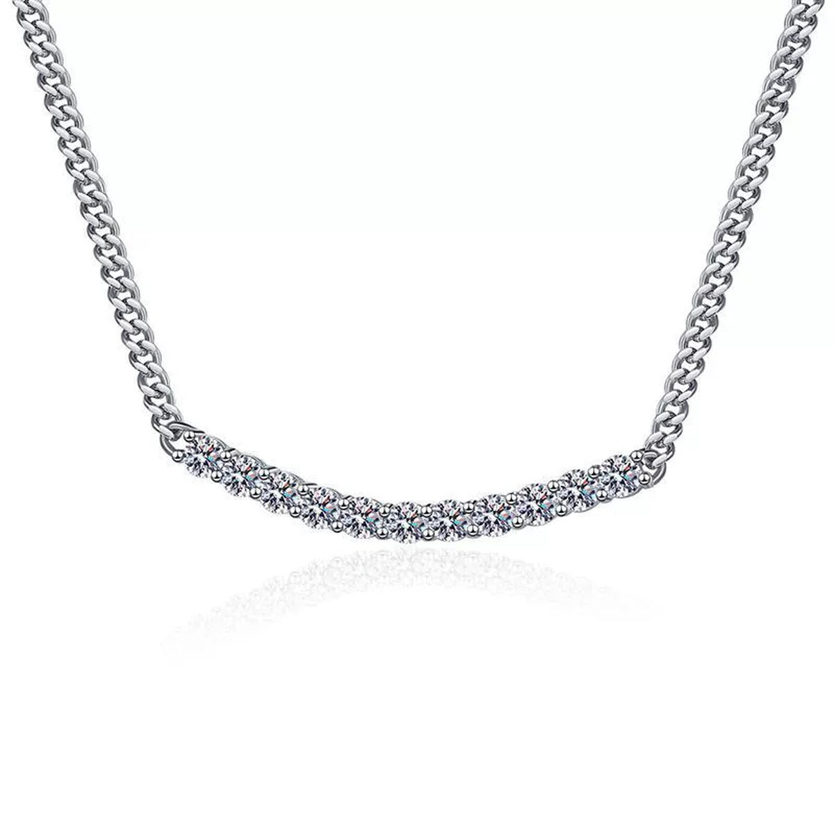 graduated moissanite collar necklace in platinum-plated S925 sterling silver front view on white background