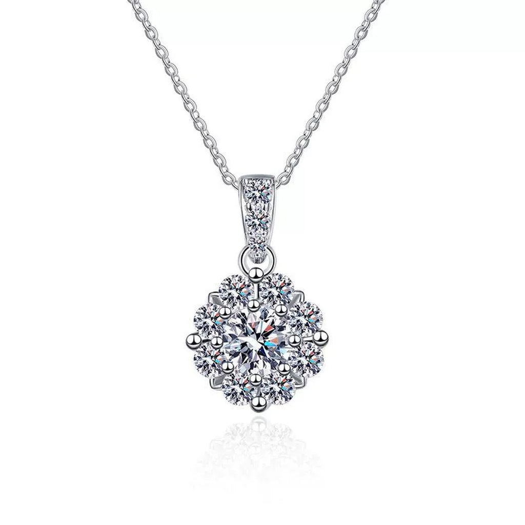 cluster halo moissanite pendant necklace with CZ accents in platinum-plated S925 sterling silver front view on white background