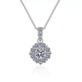 cluster halo moissanite pendant necklace with CZ accents in platinum-plated S925 sterling silver front view on white background