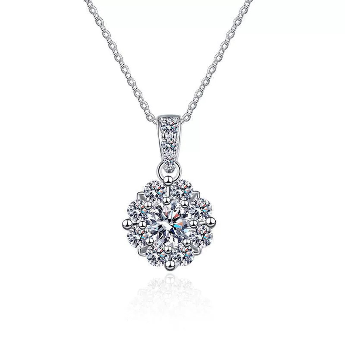 cluster halo moissanite pendant necklace with CZ accents in platinum-plated S925 sterling silver front view on white background