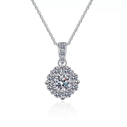 cluster halo moissanite pendant necklace with CZ accents in platinum-plated S925 sterling silver front view on white background