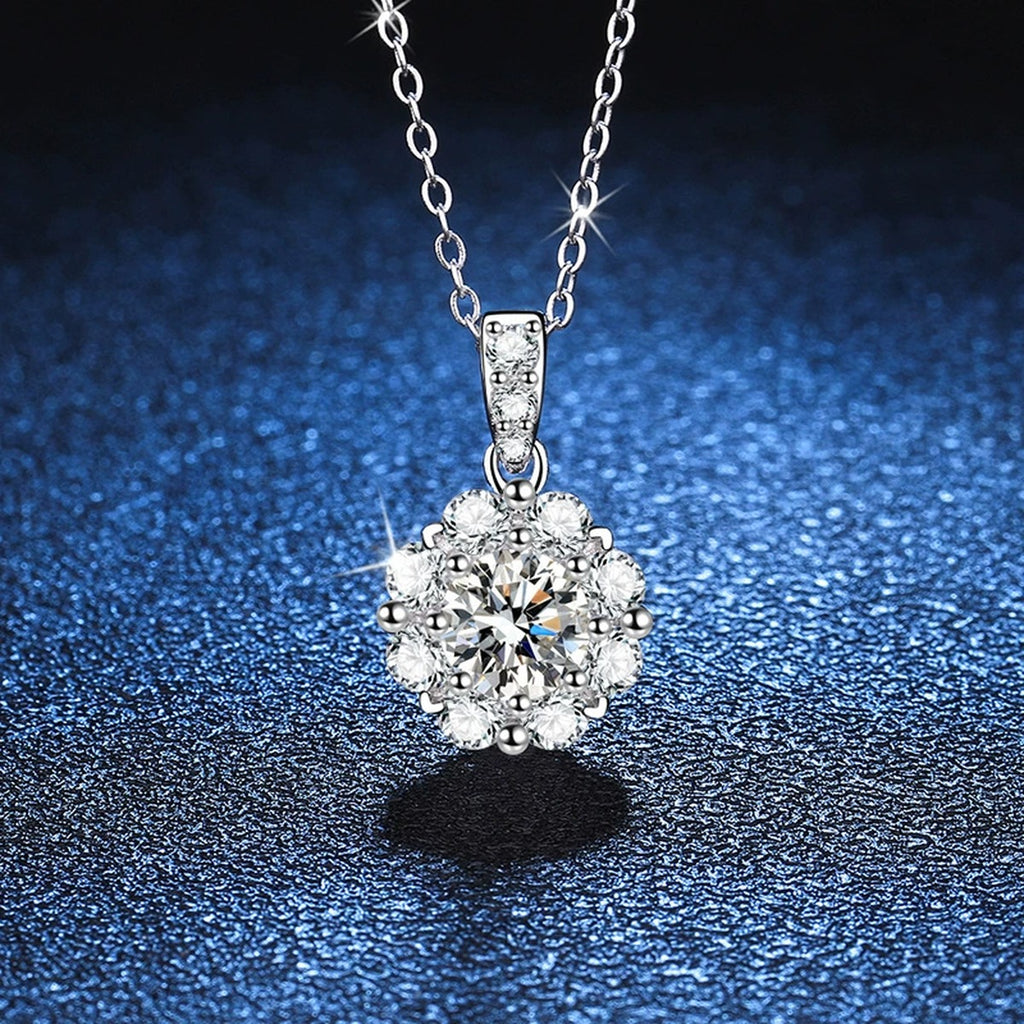 cluster halo moissanite pendant necklace with CZ accents in platinum-plated S925 sterling silver product detail view