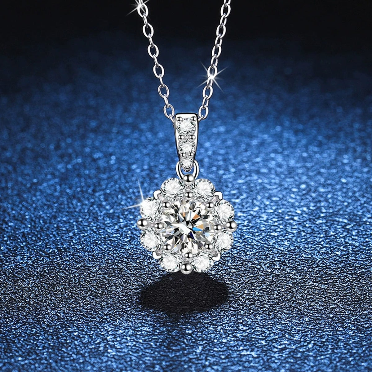 cluster halo moissanite pendant necklace with CZ accents in platinum-plated S925 sterling silver product detail view