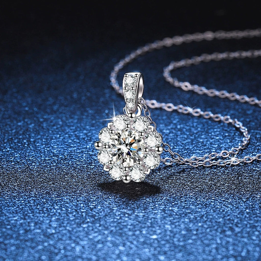 cluster halo moissanite pendant necklace with CZ accents in platinum-plated S925 sterling silver lifestyle product view