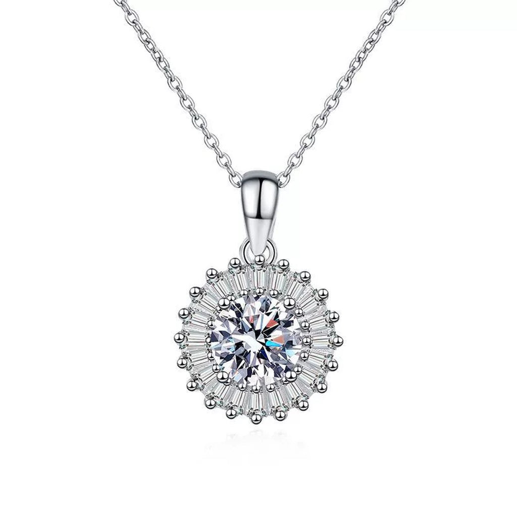 round halo moissanite pendant necklace with CZ accents in platinum-plated S925 sterling silver front view on white background