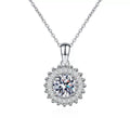 round halo moissanite pendant necklace with CZ accents in platinum-plated S925 sterling silver front view on white background