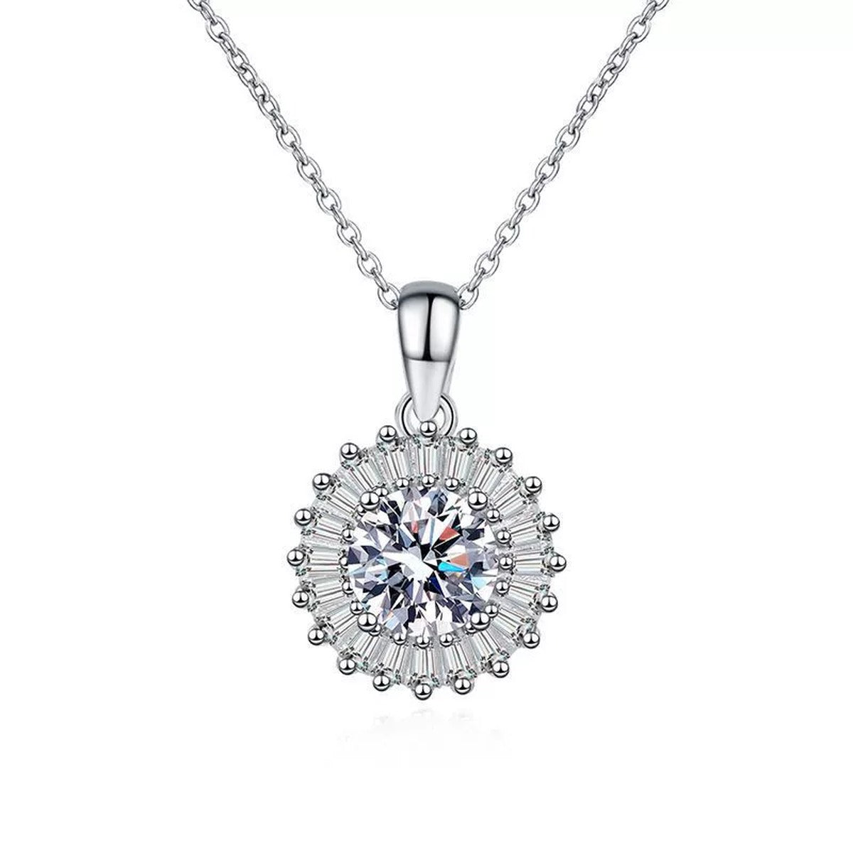 round halo moissanite pendant necklace with CZ accents in platinum-plated S925 sterling silver front view on white background