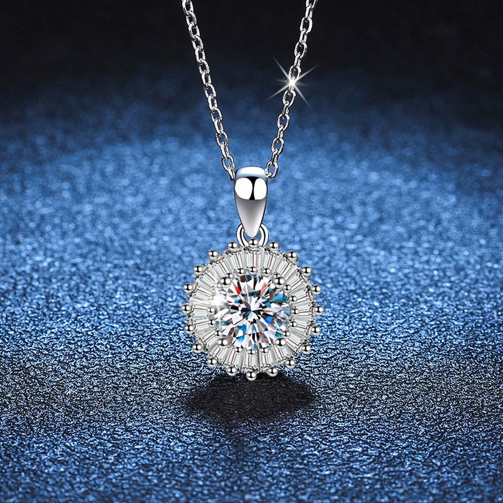 round halo moissanite pendant necklace with CZ accents in platinum-plated S925 sterling silver product detail view