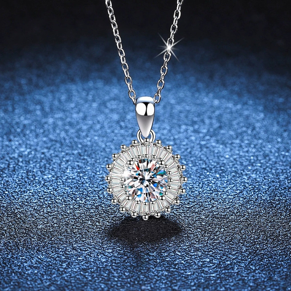 round halo moissanite pendant necklace with CZ accents in platinum-plated S925 sterling silver product detail view