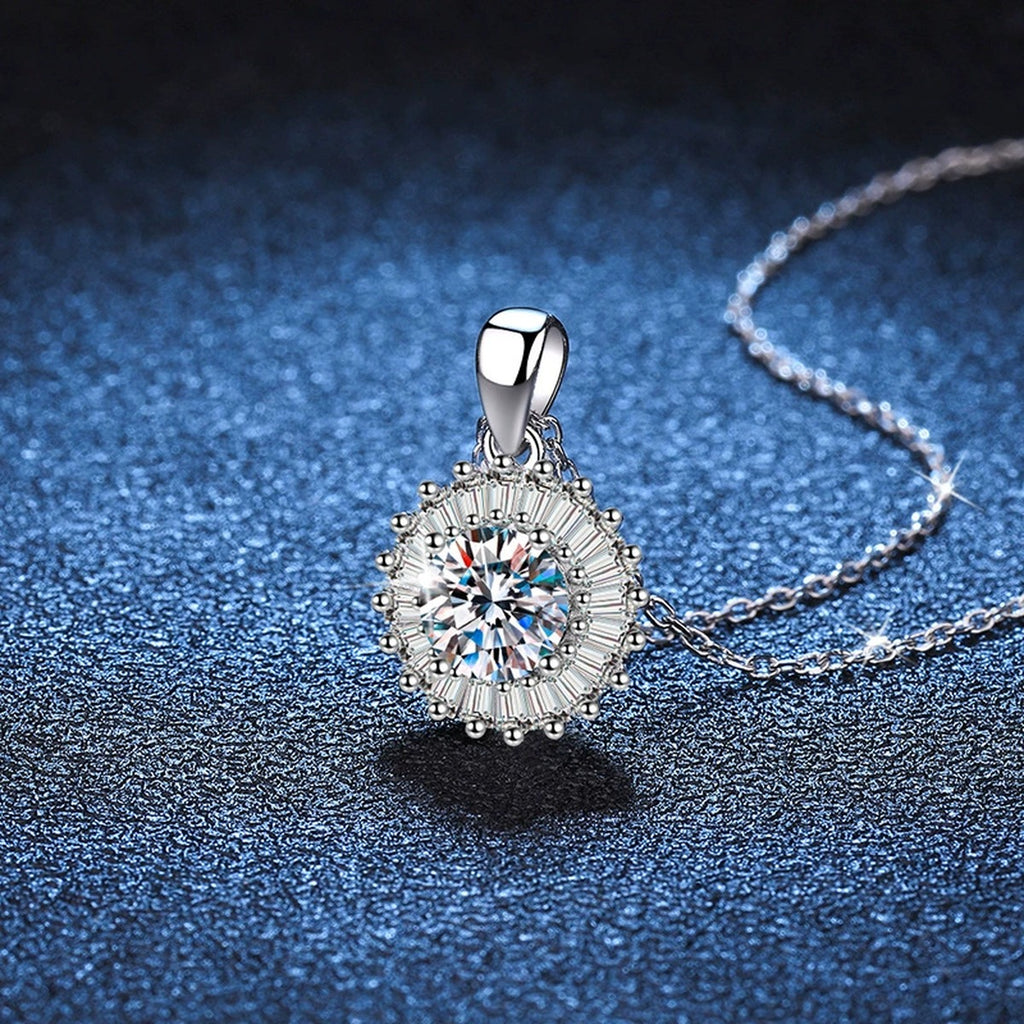 round halo moissanite pendant necklace with CZ accents in platinum-plated S925 sterling silver lifestyle product view