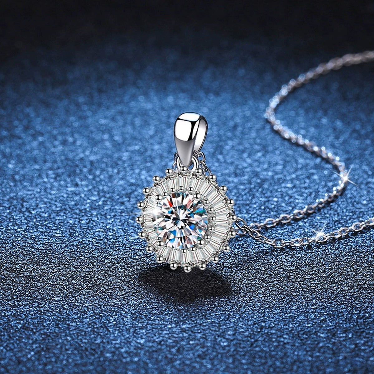 round halo moissanite pendant necklace with CZ accents in platinum-plated S925 sterling silver lifestyle product view