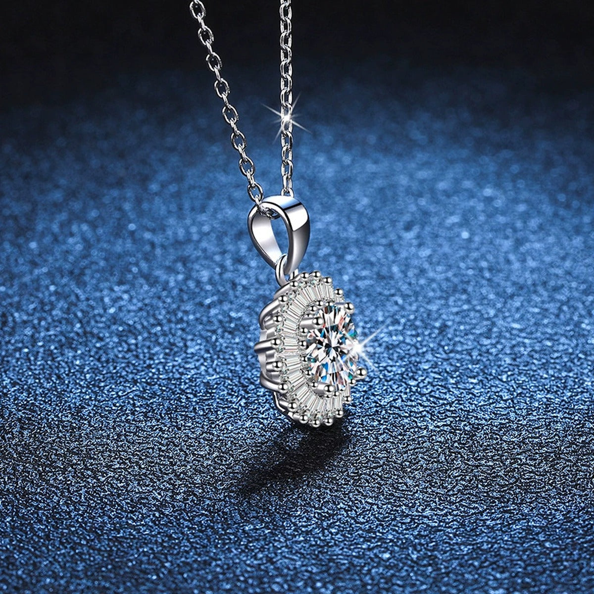 round halo moissanite pendant necklace with CZ accents in platinum-plated S925 sterling silver close-up detail view
